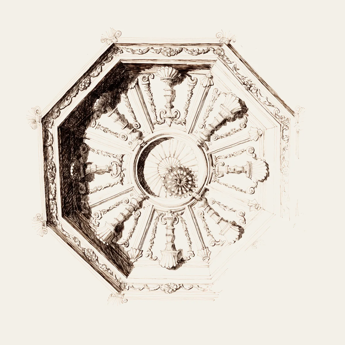 Pen-and-ink study of an octagonal Adamesque lobby ceiling