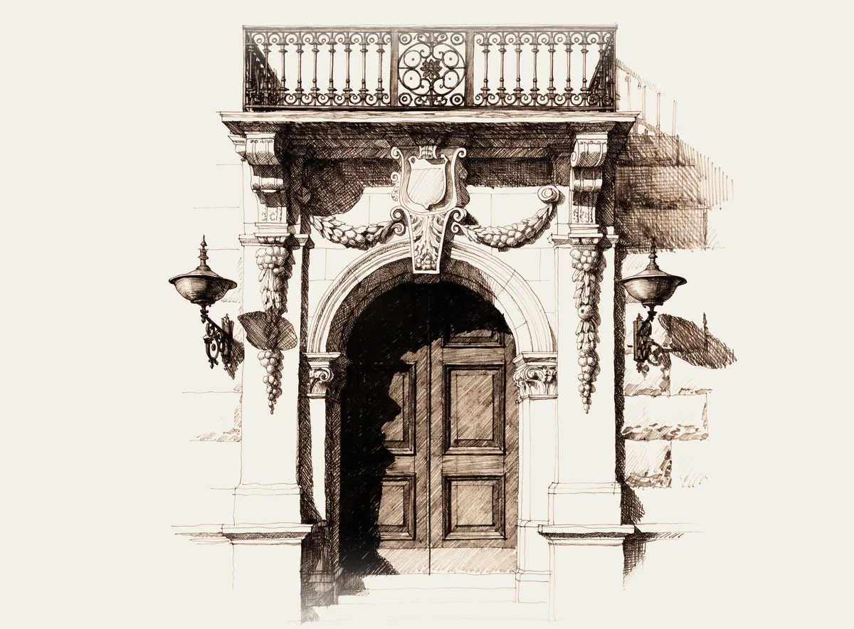 Pen-and-ink study of a French Renaissance entrance arch