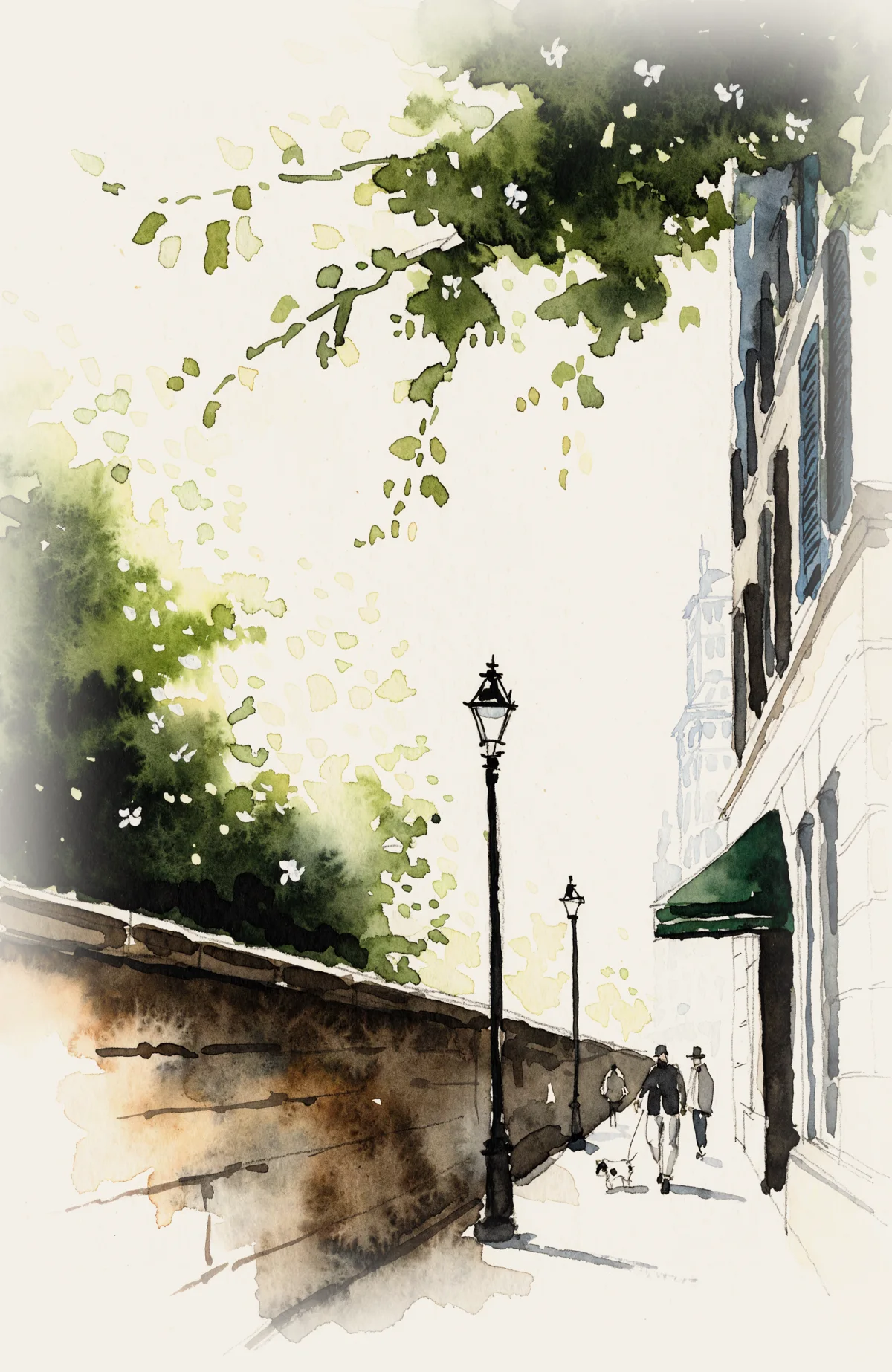 Watercolor of the Fifth Avenue sidewalk along the park wall