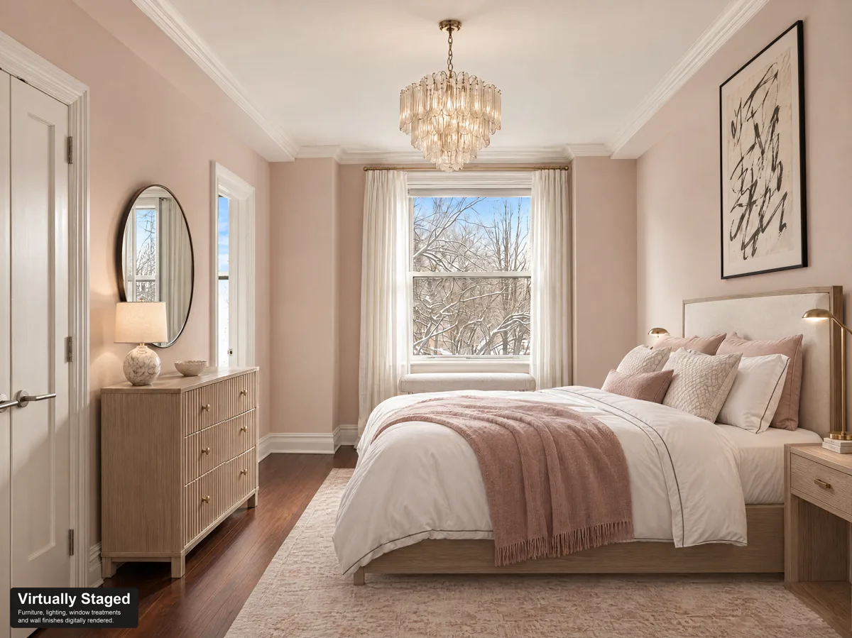 A park-facing bedroom, virtually staged